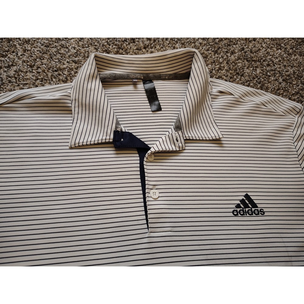 Adidas Mens Golf Polo Shirt Large White Navy Blue Striped Short Sleeve Active